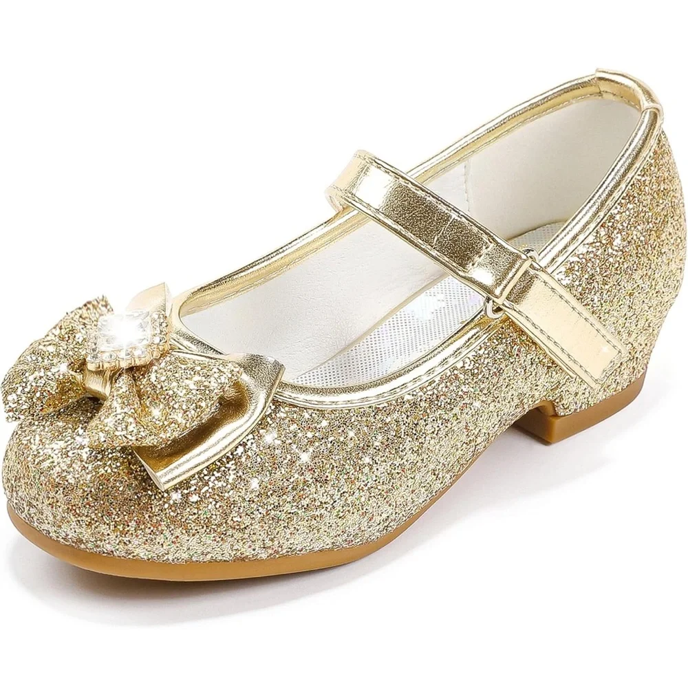 Girls Sparkly Gold Kids Shoes with Bow